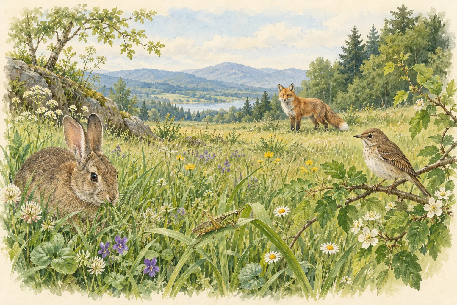 草、兔、昆蟲、鳥與狐的草地情境插畫